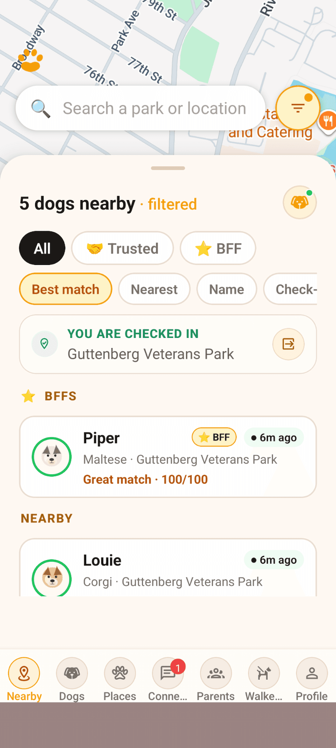 Pawcial app screen showing nearby dog parent connections.
